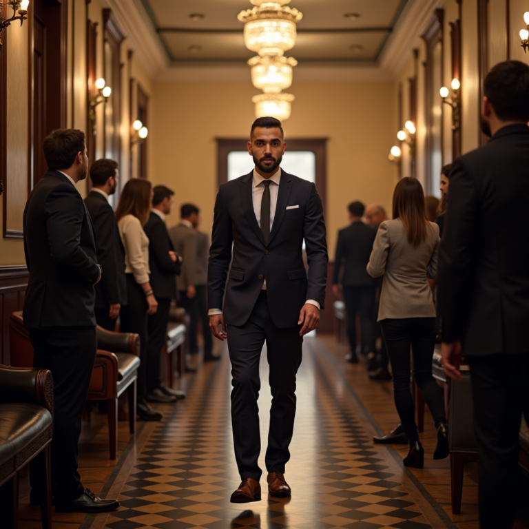 A man walking past a room full of people looking very calm and confident in every step that he takes