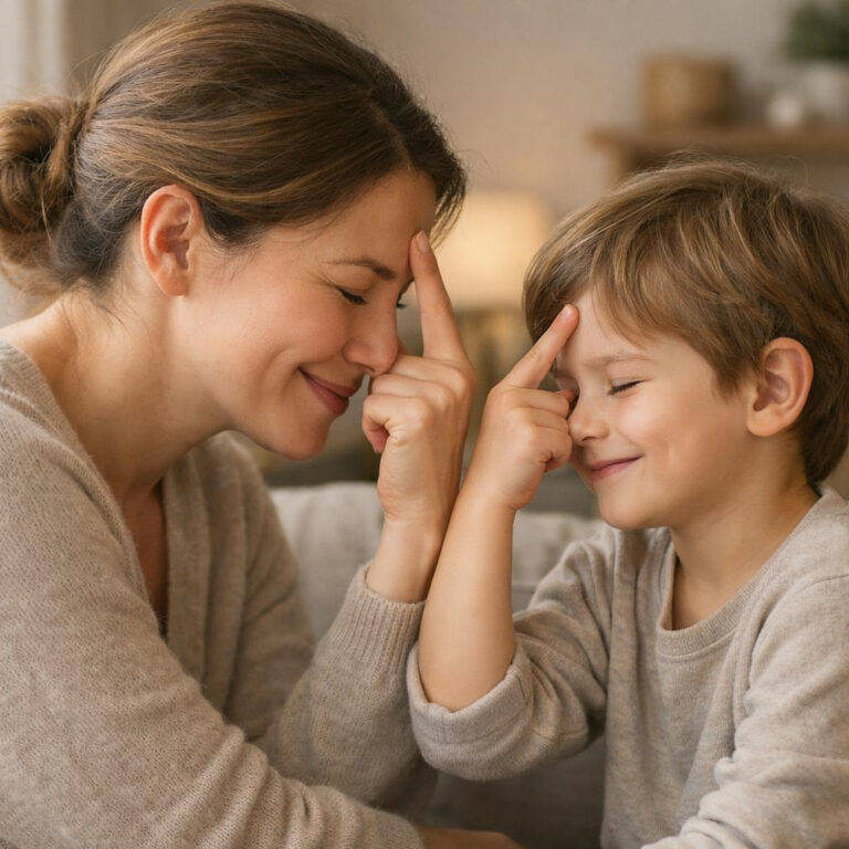 Parent and child smiling together while pressing an imaginary reset button to start fresh after a mistake