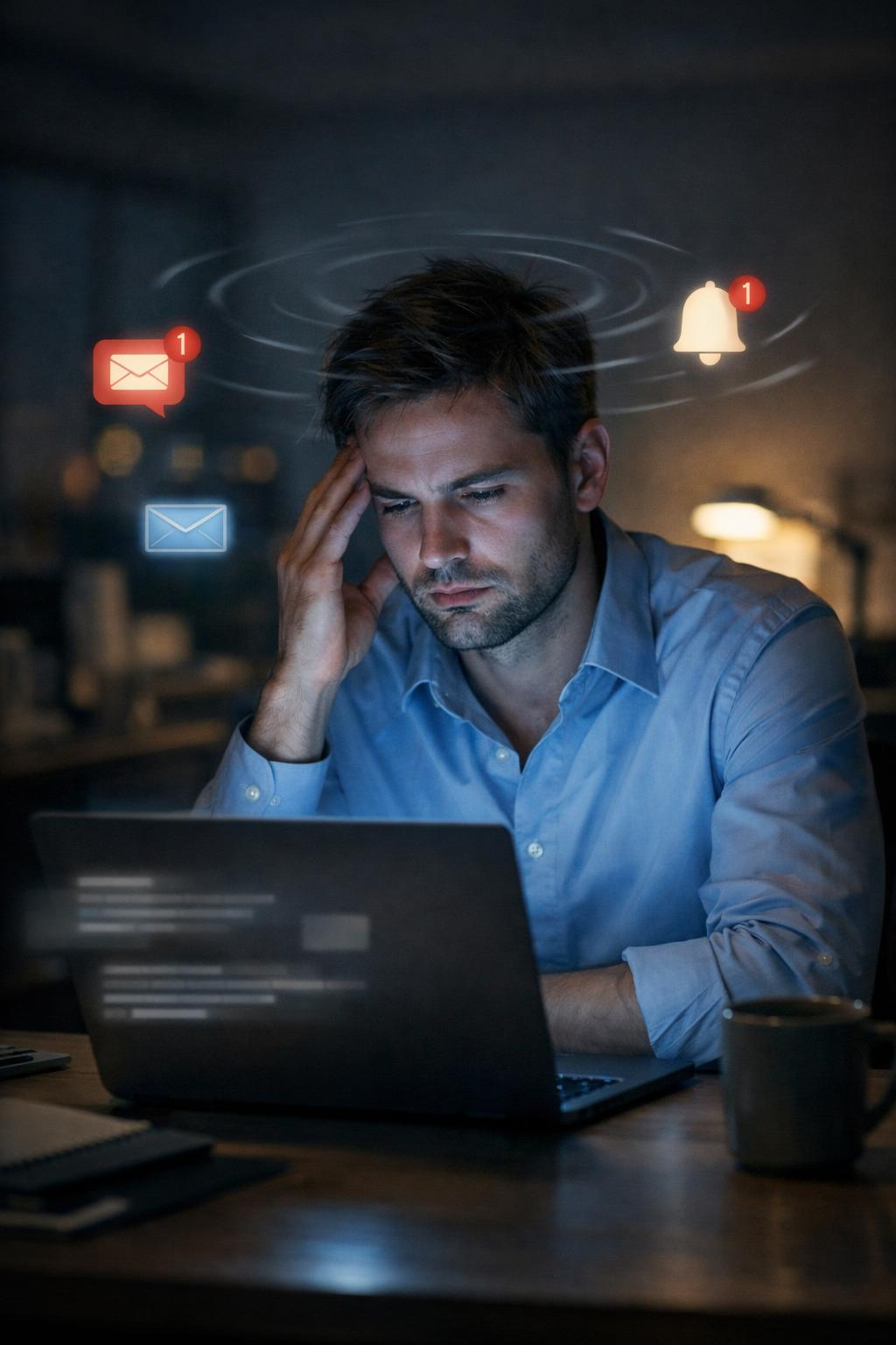 Office worker experiencing constant work stress and mental overload in a modern workplace