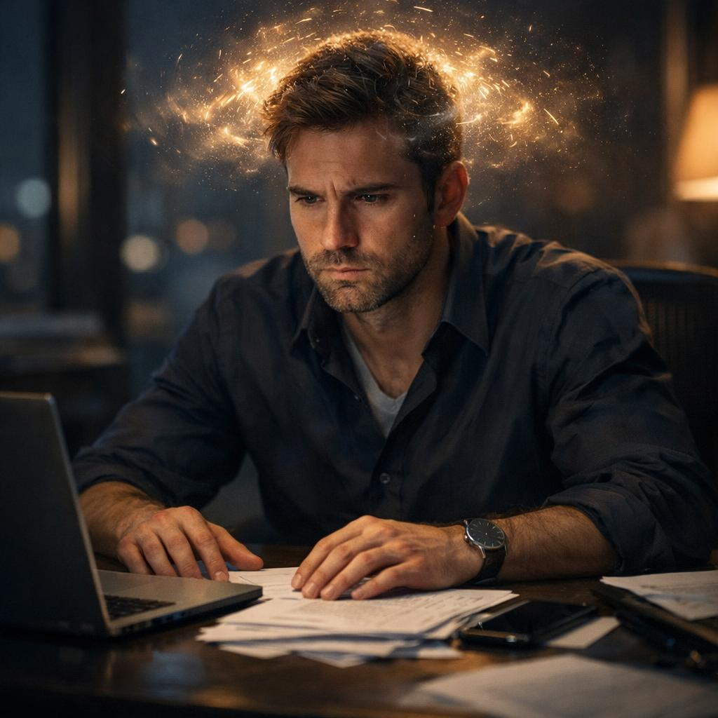 Employee sitting at a desk looking overwhelmed by work-related stress and mental overload